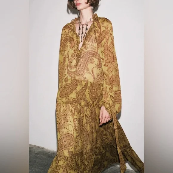 Zara Long Sleeve Paisley Dress - Mustard khaki Olive green Brown -  www.disolcolor.com